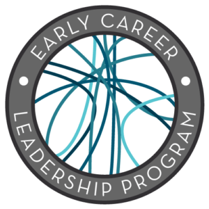 The ECLP logo is a gray circle with multiple blue, teal, and navy lines criss-crossing inside. The gray circle is wide enough for the words: EARLY CAREER LEADERSHIP PROGRAM.
