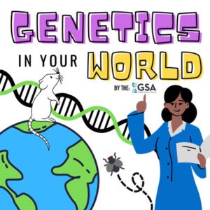Genetics in your world by the GSA, scientist in lab coat with a globe, mouse, and fly