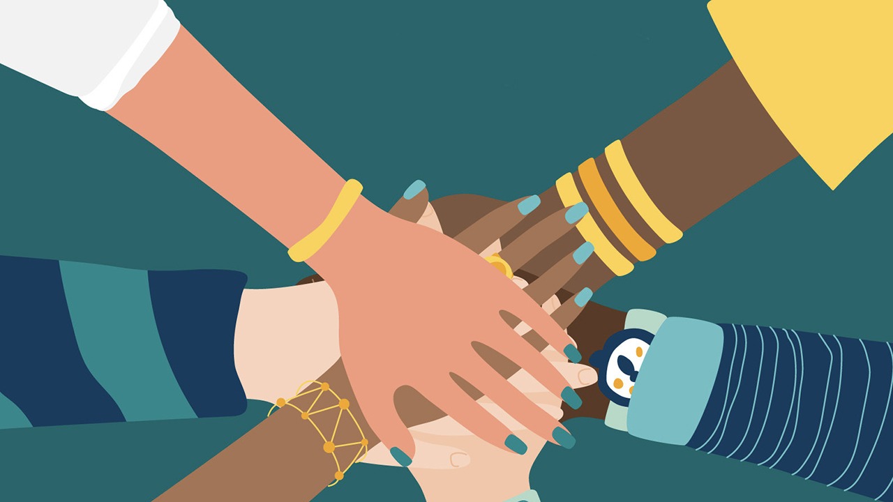 Illustration of the hands of a group of multicultural individuals overlapping.